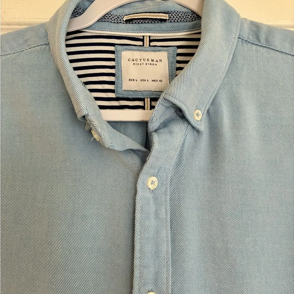 Cactus Man Button Down Shirt Blue Large Soft Smart Casual Preppy Workwear